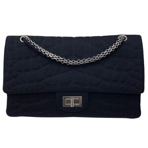 CHANEL BLACK QUILTED JERSEY 2.55 FLAP HANDBAG